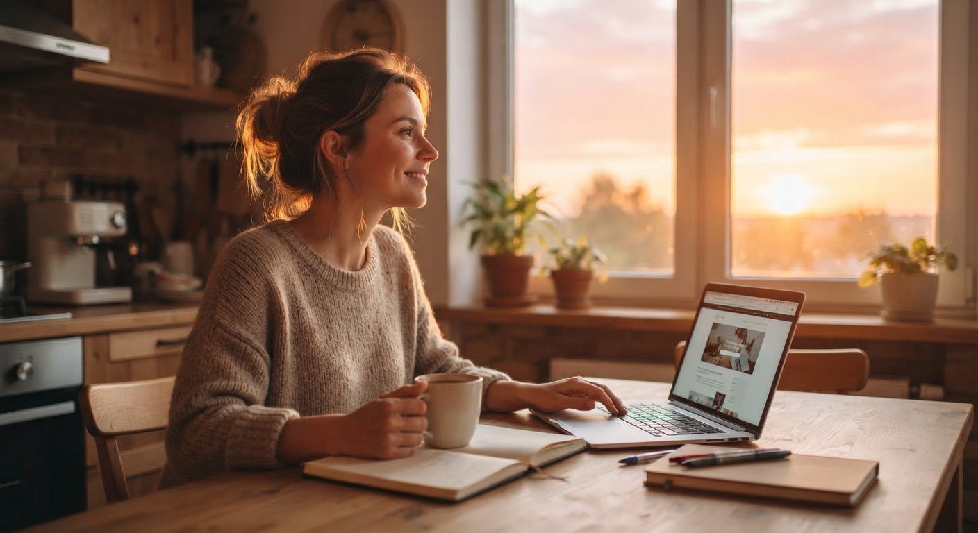 A woman smiles out the window at sunrise, coffee in hand, her laptop open on the kitchen table.
